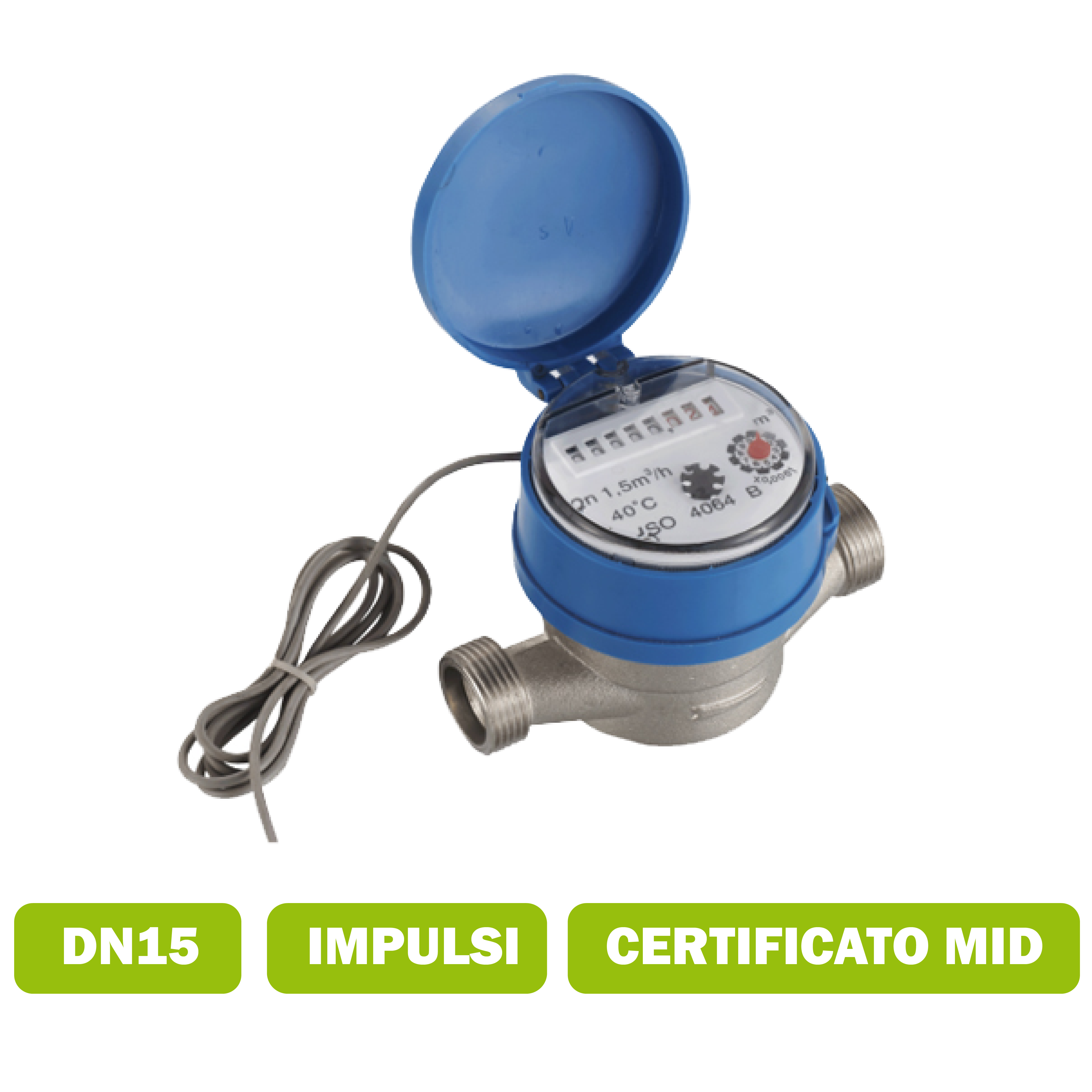 Water meter per acqua fredda (50°C) getto singolo DN15 portata media 2.5 m3/h con interfaccia impulsi certificato MID